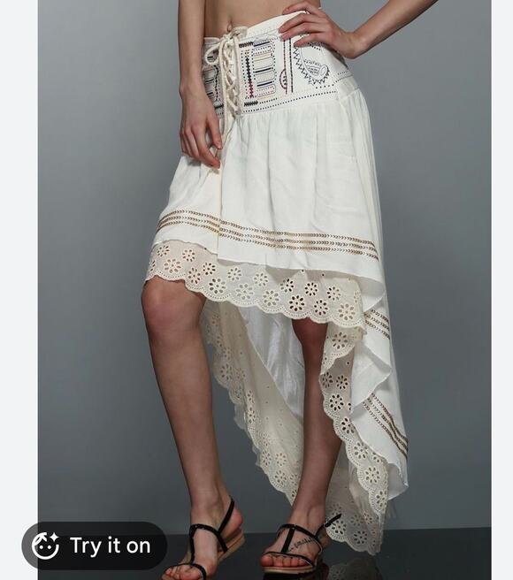 fuguixing Dresses & Skirts - Boho Gypsy Skirt Ivory Ruffle High Low lace trim corset waist lace up sz M